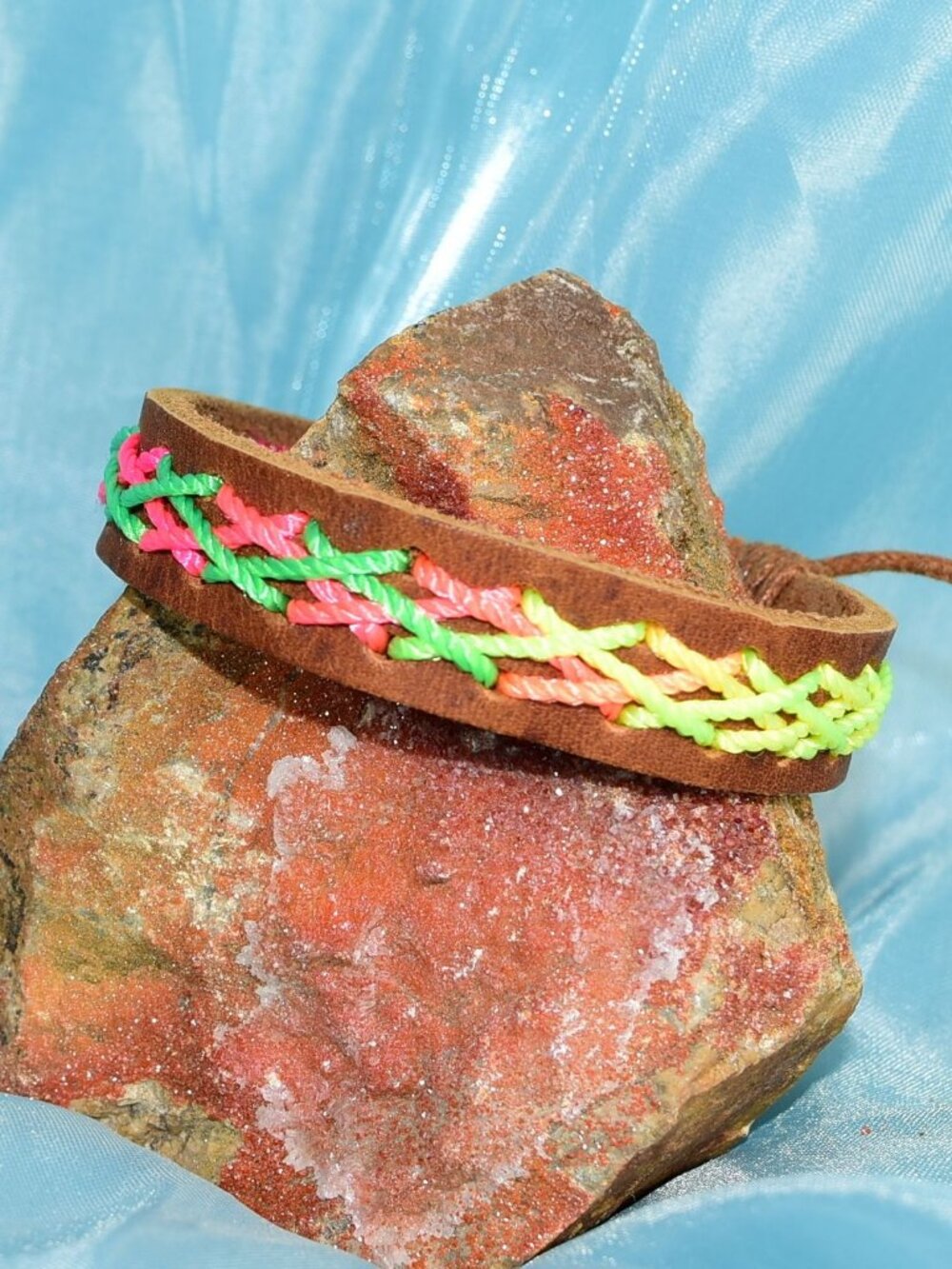 Caz Punch Cross Stitch Leather Bracelet Green Pink Yellow Gift Boxed Womens